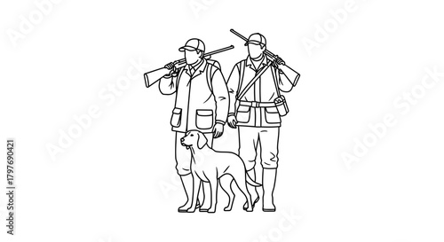 Hunting trip illustration with hunters and dog line drawing