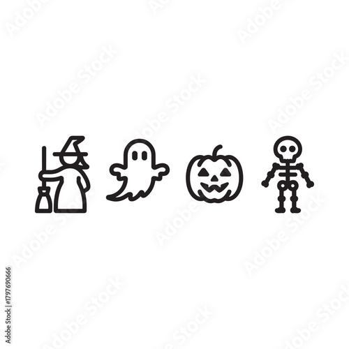 Simple halloween icons featuring witch ghost pumpkin and skeleton