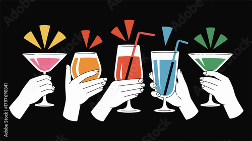 Diverse Hands Holding Colorful Drinks with Festive Burst Elements Against a Black Background
