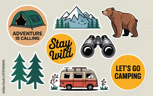 Camping adventure stickers with tent bear van mountains