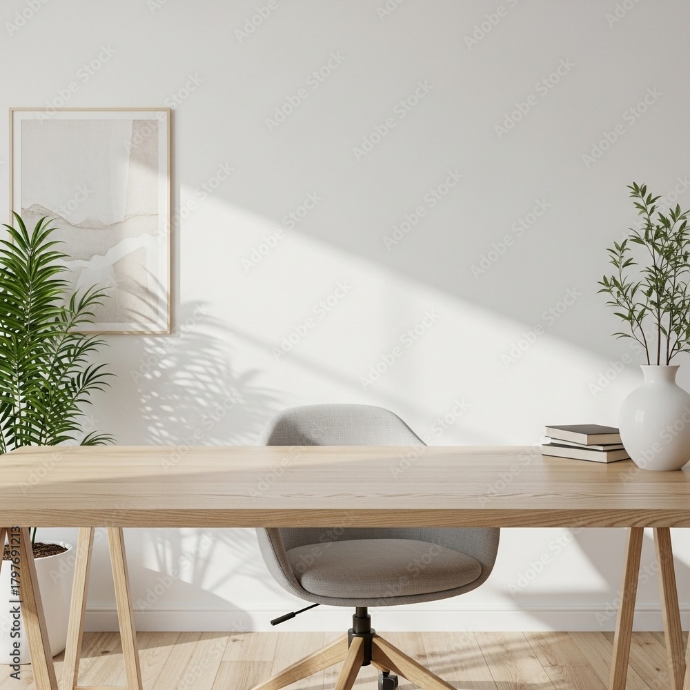 Fototapeta premium Modern Home Office Interior with Wooden Desk, Chair, and Green Plants