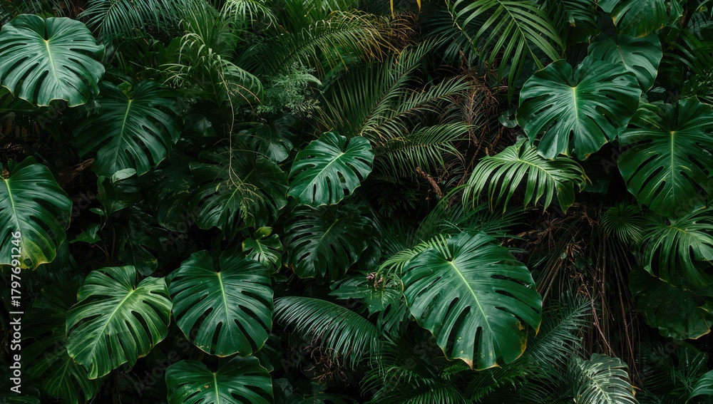 Fototapeta premium Lush green Monstera philodendron leaves for vibrant interior decor, enhancing natural aesthetics