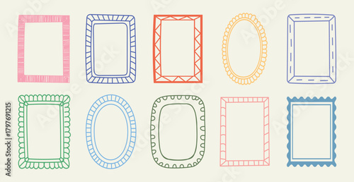 Doodle coastal frame set, hand drawn colorful decorative border collection.  Elegant retro empty banner, poster, placard, postal stamp.