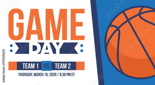 Game Day. Basketball playoff in March. Super sport party in United States. Final games of season tournament. Professional team championship. Ball for basketball. Sport poster. Vector