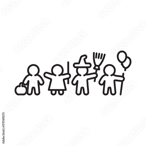 Children in costume holding halloween treats and props