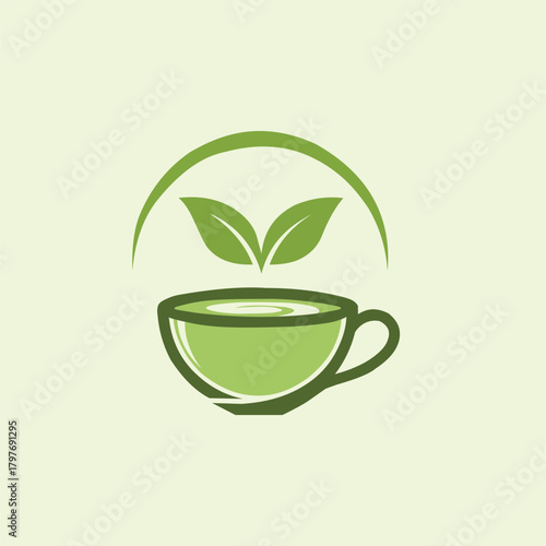 Green tea cup with leaves and arch logo