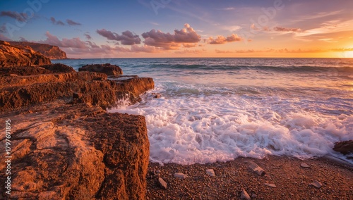 Fototapeta Naklejka Na Ścianę i Meble -  Coastal allure, Waves unveiling charm on rugged shoreline during sunset