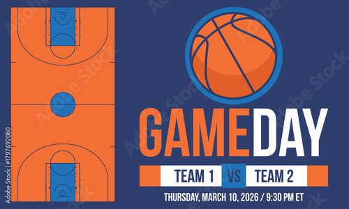 Game Day. Basketball playoff in March. Super sport party in United States. Final games of season tournament. Professional team championship. Ball for basketball. Sport poster. Vector