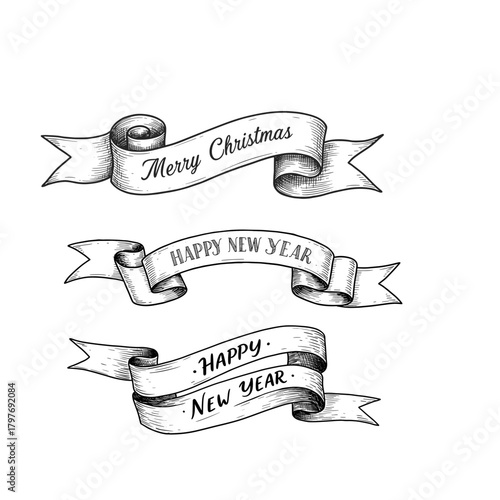 Vintage ribbons with Merry Christmas and Happy New Year greetings  