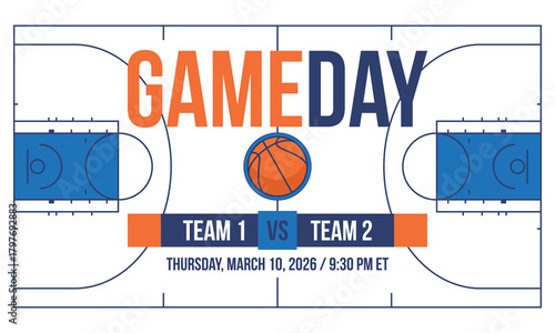 Game Day. Basketball playoff in March. Super sport party in United States. Final games of season tournament. Professional team championship. Ball for basketball. Sport poster. Vector