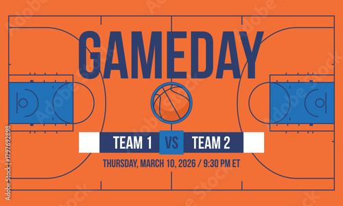 Game Day. Basketball playoff in March. Super sport party in United States. Final games of season tournament. Professional team championship. Ball for basketball. Sport poster. Vector