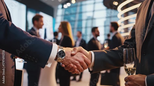 Business partners sealing deal with firm handshake at upscale networking event filled with champagne and celebration success