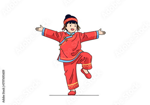 Chinese New Year Kid Happy Girl in Traditional Red Costume