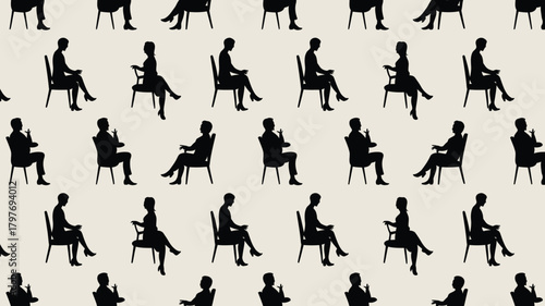 Engaging silhouettes of people sitting in chairs create a dynamic, conversational pattern for modern designs and backgrounds with a professional, sleek vibe