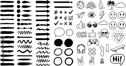 Collection of hand drawn doodle elements including arrows brushes wavy lines smiley faces and skateboard graphics