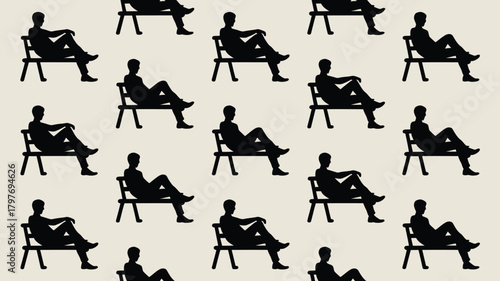 Relaxing pattern of people sitting, ideal for background or design element, black silhouettes on light background, vector style, simple and unique