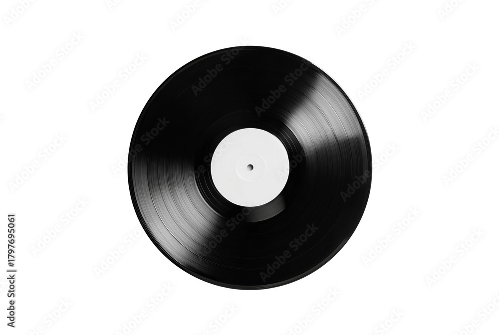 Obraz premium Classic black vinyl record with white label isolated on transparent background