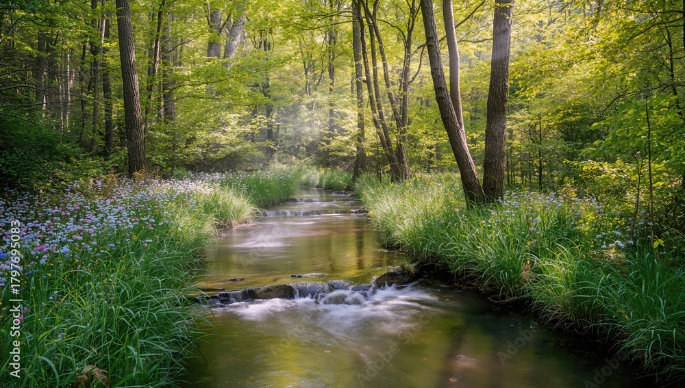 Obraz premium The stream flows among the trees during spring, highlighting seasonal change