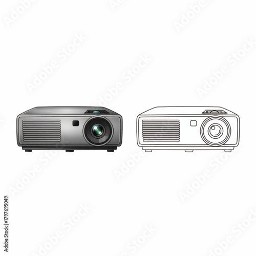 Projector illustration in color and outline form, ideal for presentations and educational content