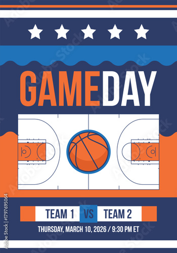 Game Day. Basketball playoff in March. Super sport party in United States. Final games of season tournament. Professional team championship. Ball for basketball. Sport poster. Vector