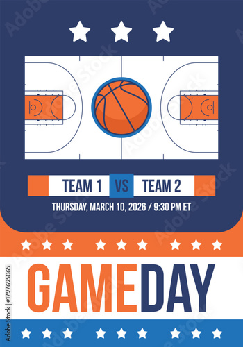 Game Day. Basketball playoff in March. Super sport party in United States. Final games of season tournament. Professional team championship. Ball for basketball. Sport poster. Vector