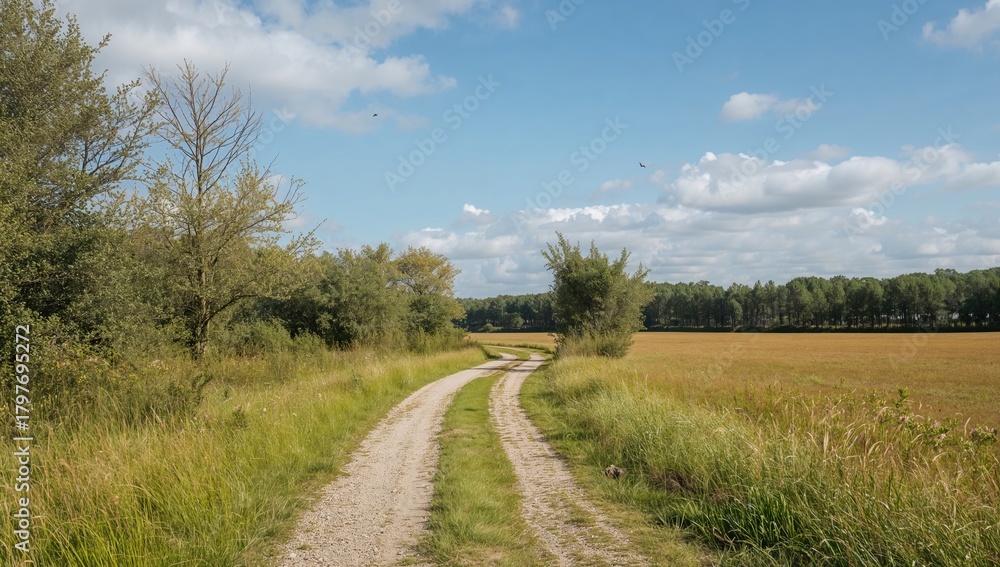 Obraz premium A dirt path running through an expansive field bordered by trees and shrubs, showcasing seasonal change