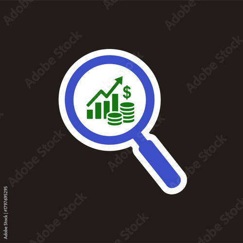 Financial analysis magnifying glass icon, market research, and investment examination.