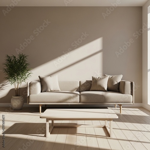 Bright Modern Living Room Interior with Minimalist Sofa and Sunlight Shadows