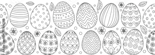 Easter egg coloring illustration—black-and-white floral, striped, and dotted patterns for spring activity, decor, and festive design visuals