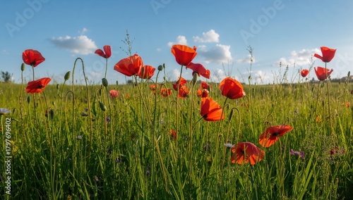 Fototapeta Naklejka Na Ścianę i Meble -  Vibrant summer meadow filled with swaying red poppies under bright sunlight, seasonal change