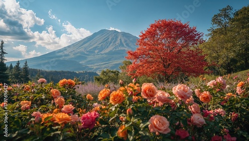 Fototapeta Naklejka Na Ścianę i Meble -  Rose petals on a tree amidst a mountain landscape, seasonal change