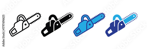 Set of four chainsaw icons in different styles and colors isolated on white background
