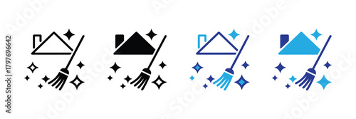 Set of four cleaning icons representing a broom and sparkling clean house isolated on white background