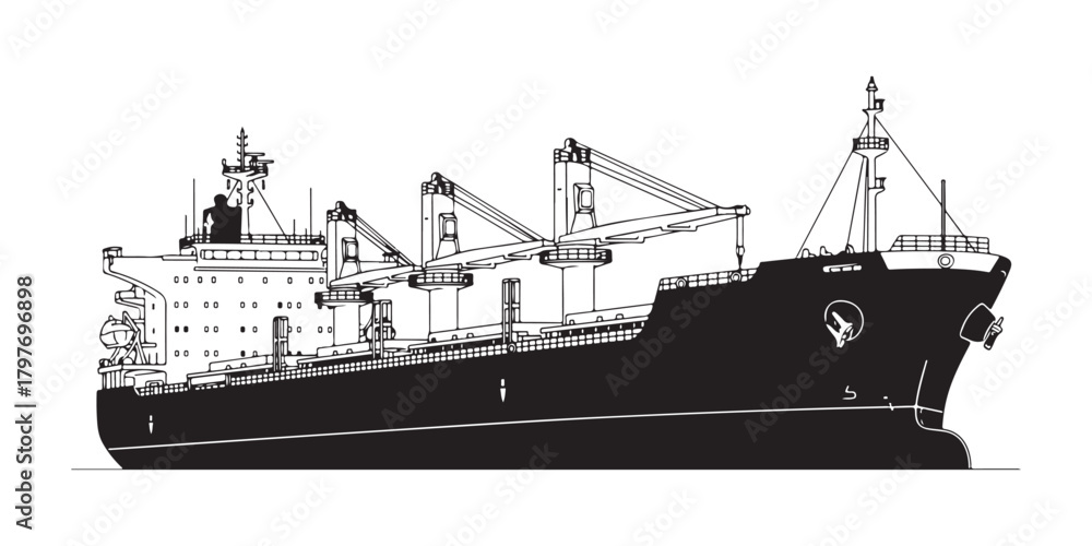 Obraz premium Line art of a bulk carrier, set against a white background. Vector stock illustration.