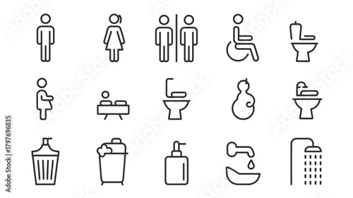 Modern restroom icon set for hotel or hospital designs, offering clear signage and universal symbols in a simple, accessible line art style