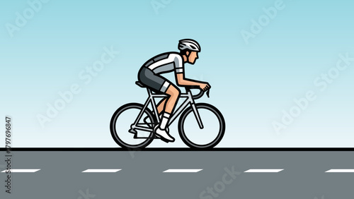 Cyclist in motion on a road bike, focused and determined, racing forward.