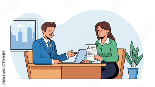 Interview process between a man and a woman discussing documents.