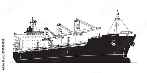 Line art of a bulk carrier, set against a white background. Vector stock illustration.

