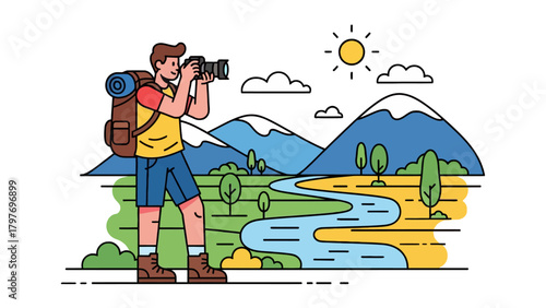 Man with backpack taking photo in nature.