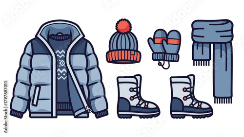 Winter Outfit Collection - Puffer Jacket, Hat, Mittens, Scarf, and Boots.