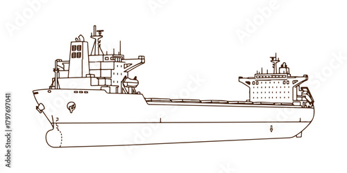 Vector stock illustration of a bulk carrier line art, isolated on a white background.

