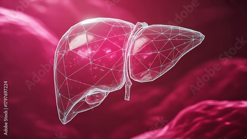 Digital wireframe liver anatomy illustration on vibrant medical background
