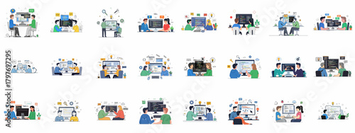Set of Flat Design Illustrations Featuring Software Developers Collaborating on Programming, Coding, and IT Project Development.