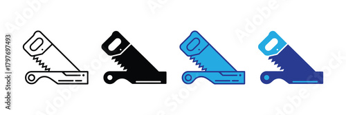 Four different styles of hand saw icons in black outline blue and purple isolated on white background