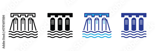 Four stylized illustrations of a hydroelectric dam with water flowing isolated on white background