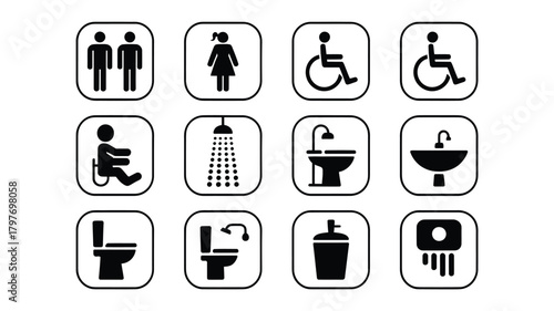 Essential restroom and hygiene icons offering clear signage for accessible facilities, inclusive spaces, and convenient amenities in public areas