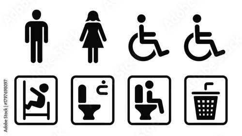 Essential public restroom and baby changing signs for accessible facilities and inclusive spaces with men, women, disabled access, and baby changing icons