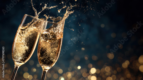 Sparkling Celebration Toast: Two champagne glasses collide in a jubilant toast. The photo captures the ephemeral beauty of the moment.