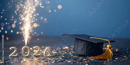 Sparkling graduation celebration with the year 2026 a cap and confetti marking a momentous academic achievement