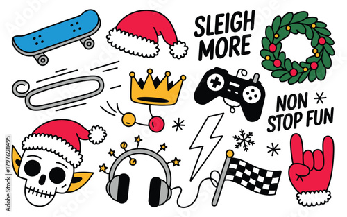 Christmas themed icons with skateboard and gaming controller